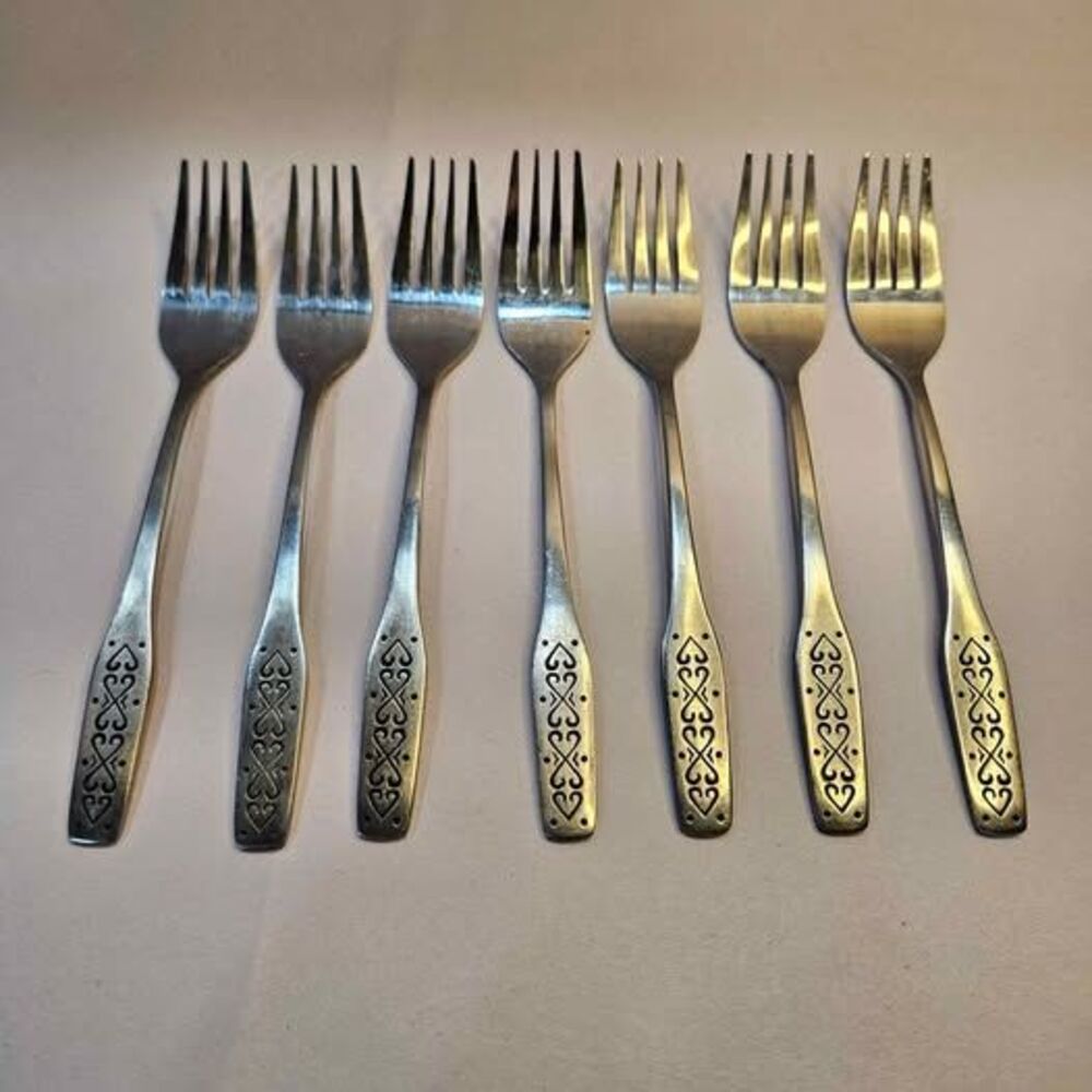 Vintage Stainless Steel Singapore Heart Pattern Forks - Set of 7